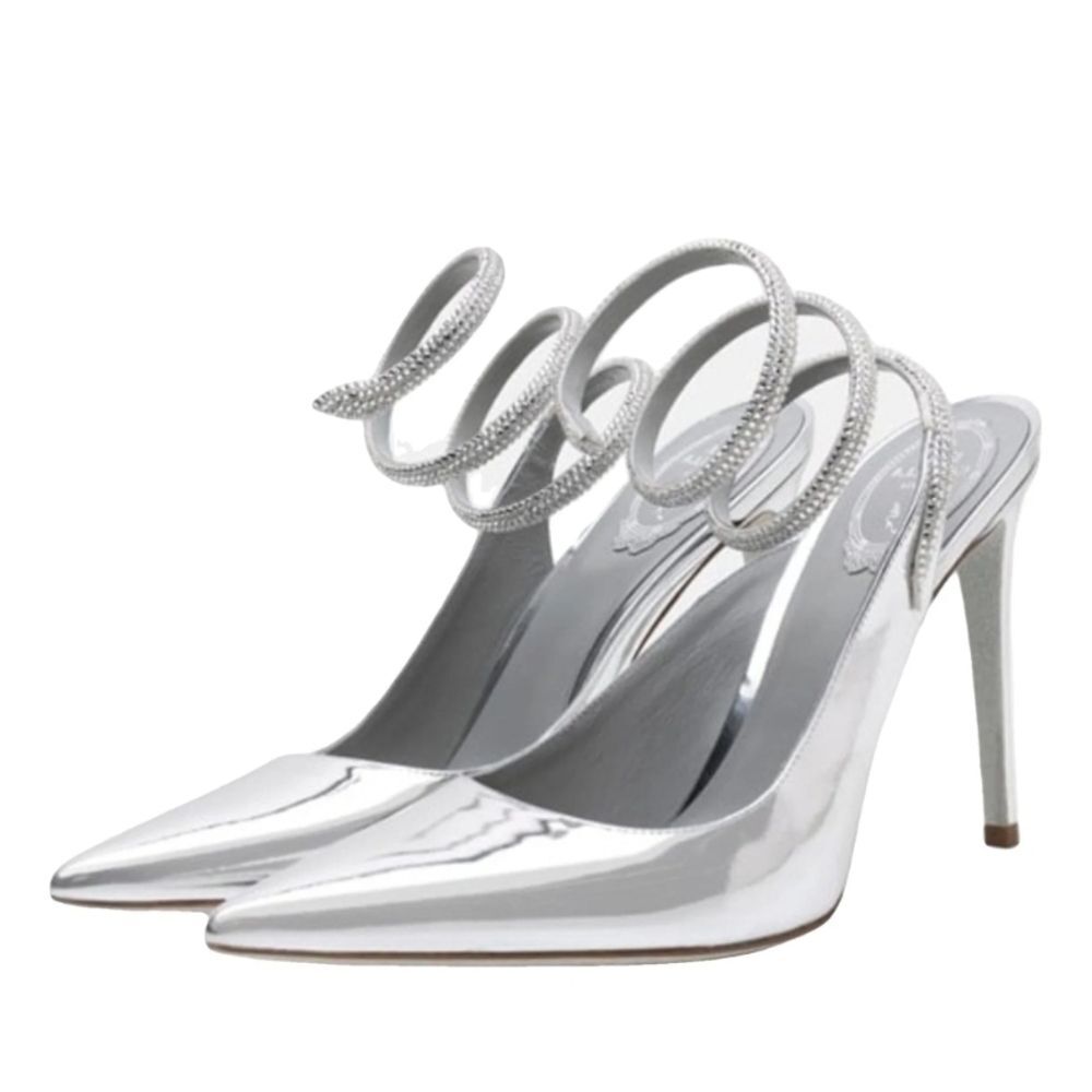 Rene Caovilla Silver Pointed Stiletto Heels with Spiral Wrap